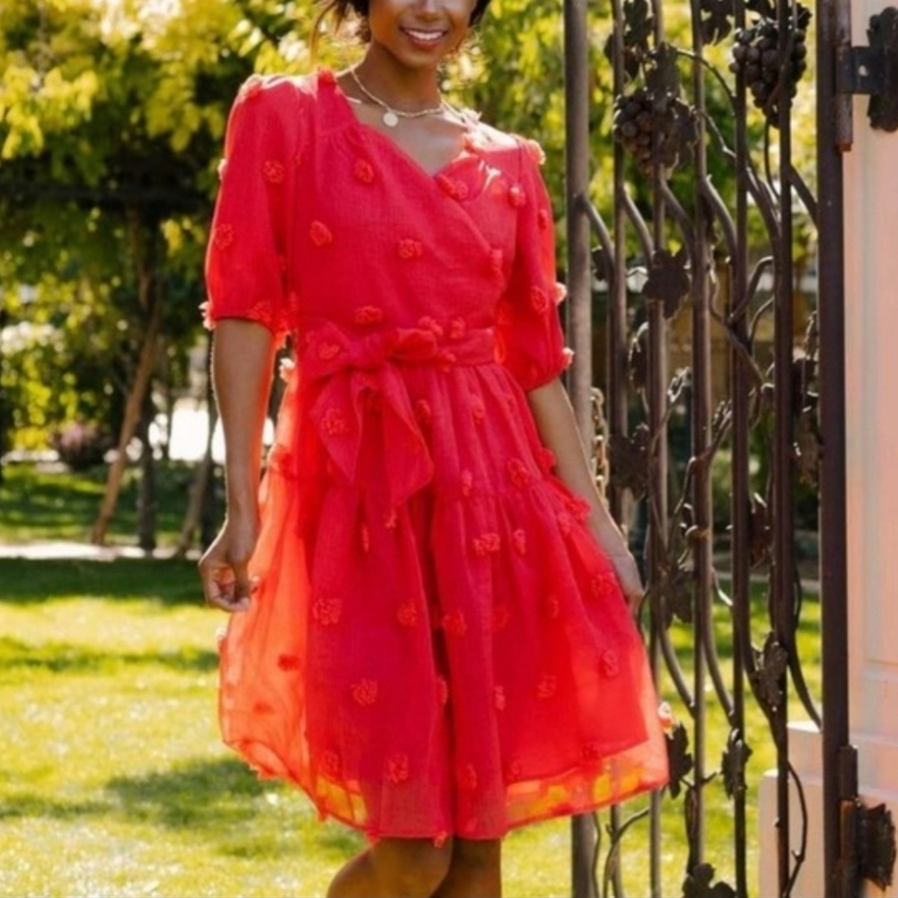 Ivy City Co Red Pom Pom Party Textured Midi Dress